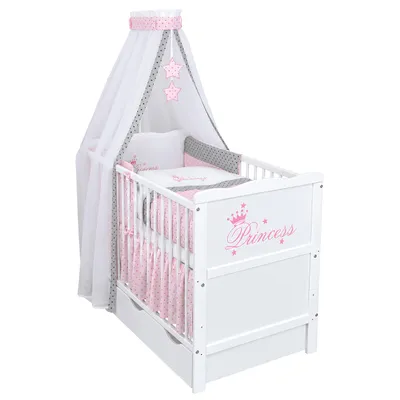 Produktbild von Baby-Delux Babybett Kinderbett Gitterbett Princess 60x120 Weiß mit Schublade 10-tlg Princess Stars Bettwäsche Set Matratze, Beißschienen zum Schutz