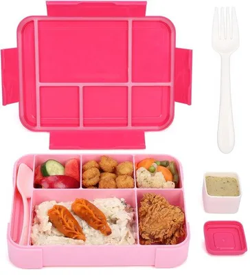 Obrázek produktu pro Uniqoos® Rosa, multifunkční obědová krabička, 6 přihrádek, 1330 ml (17×23×5 cm), PP (bez BPA), včetně vidličky a lžíce + 60 ml dóza na omáčku, nepropustná, vhodná do mikrovlnné trouby, myčky nádobí a mrazáku