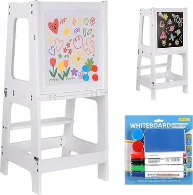 Imagen del producto de Torre de aprendizaje para niños a partir de 2 años, con pizarra de doble cara estilo Montessori. Torre de aprendizaje con capacidad de carga de 50 kg, escalón, multifuncional, mesa de aprendizaje, mesa de juegos, mesa de comedor, silla infantil, color blanco, madera