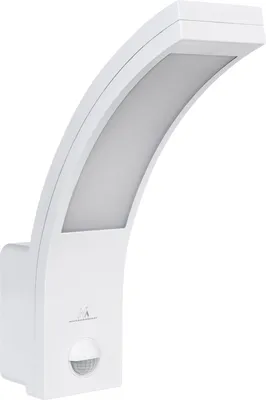 A white LED wall lamp with a curved design and a motion sensor.