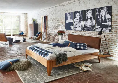 Produktbild von Bett Fano 140 x 200 cm Wildeiche massiv Polsterkopfteil Velours Braun