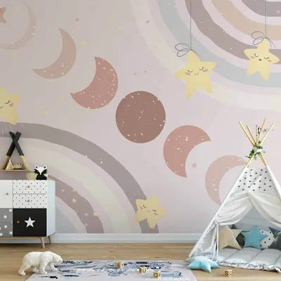 Produktbild von Vlies Fototapete - Phases of the Moon Among Stars and Rainbows 350x256 cm Für Kinder e-C-10061-a-a
