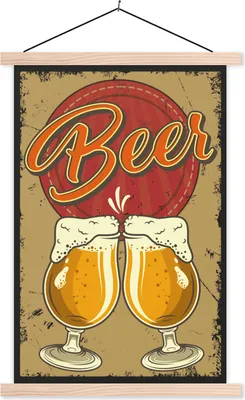 Produktbild von MuchoWow® Textilposter Mancave - Biergläser - Vintage - Zeichnung 60x90 cm mit holzfarbenen Rahmen - Textil
