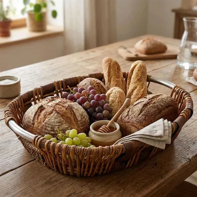 Produktbild von große Schale aus Weide & Holz mit Metallgriffen, Obstschale, Dekoschale