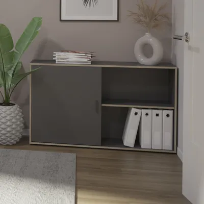 Produktbild von Kommode Aktenschrank mit Schiebetür in anthrazit matt mit Eiche-Kante EMPOLI-10, B/H/T ca. 110,5/72,8/33 cm