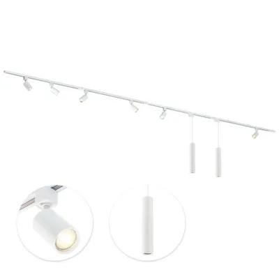 Produktbild von Qub Focus III - LED Schienensystem - Weiß - 1-Phasen - 400cm - 6x Spots & 2x Pendelleuchten - I-Form - GU10