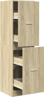 A tall, narrow cabinet with pull-out drawers, featuring a light wood grain finish.