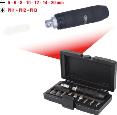 A collage showing a hand impact screwdriver and its accessories in a case, with text detailing sizes and types.