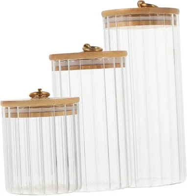 Imagen del producto de Recipientes de vidrio con tapa de bambú, juego de 3 unidades, con capacidades de 550 ml, 850 ml y 1150 ml
