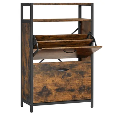 Obrázek produktu pro VASAGLE skříňka na boty se 2 záklopkami, výklopník na boty, 60 x 30 x 95 cm, pro 8-12 párů bot, botník, komoda na boty, police na boty, úspora místa, vintage hnědočerná LBS800B01