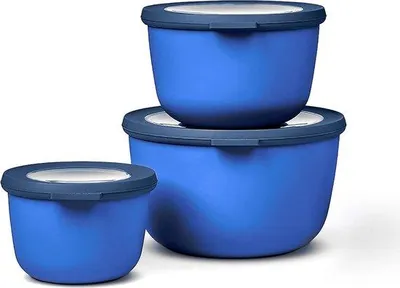 Zdjęcie produktu dla Zestaw 3 małych okrągłych pojemników, 500–2000 ml, niebieskie