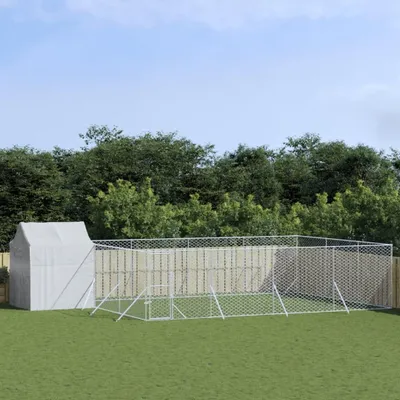 Produktbild von Hundekäfig für den Außenbereich mit Hundehütte, silbernem Dach, 6 x 6 x 2,5 m, aus verzinktem Stahl