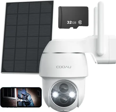 A white solar-powered security camera with a solar panel and a 32GB SD card, shown with a small inset image of a burglar.