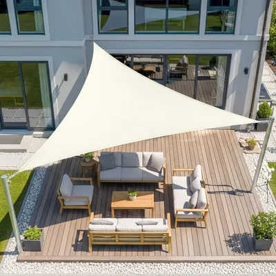 Produktbild von Sonnensegel Dreieckig 5x5x5m Wasserdicht Cremeweiß PES Polyester 95% UV-Schutz