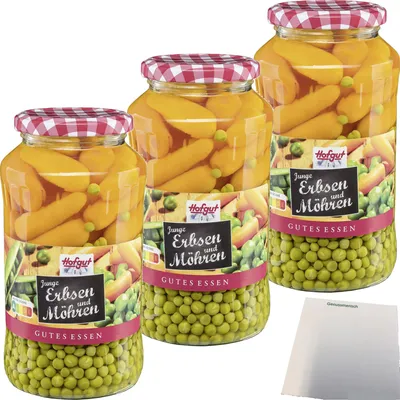 Produktbild von Hofgut Erbsen sehr fein mit Möhren 3er Pack (3x720ml Glas) + usy Block