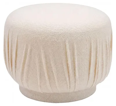 Polsterhocker Wohnling rund in Creme mit vertikaler Faltenoptik, Gesamtansicht von vorne.