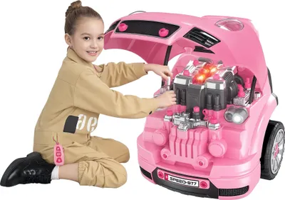 Produktbild von HOMCOM 2-in-1 Mechaniker-LKW – DIY-Spielzeug für Kinder von 3–5 Jahren – Rollenspiel-Mechaniker-Set – Zahlreiches Zubehör, insgesamt 61 Teile – Sound- und Lichteffekte – Rosa