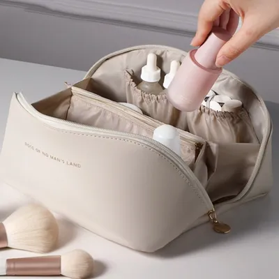 Produktbild von Hohe Kapazität Kosmetiktasche Tragbare Reisekosmetiktasche Aus Leder Wasserdicht Kosmetik Reisetasche Kosmetische Aufbewahrungstasche Weiß