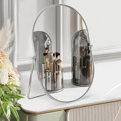 Produktbild von Tischspiegel Oval Schwenkbar Mit Metallrahmen - Tragbarer Hochauflösender Silberspiegel für Arbeitsplatte, Eitelkeit, Wohnzimmer, Schlafzimmer - Großer Schminkspiegel