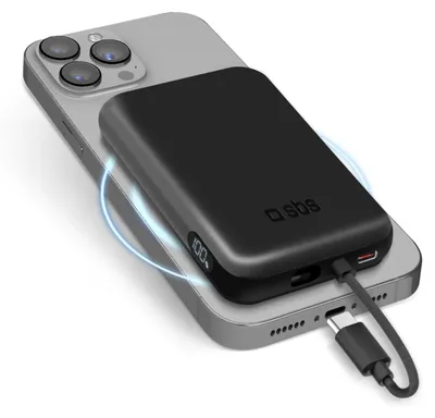 Produktbild von SBS 5000 mAh Powerbank mit integriertem USB-C Kabel, PD 20 W Ladegerät kompatibel mit MagSafe Wireless Charging