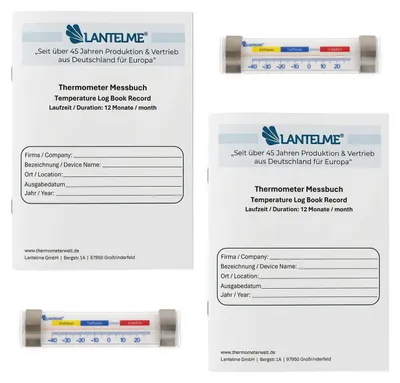 Produktbild von Je 2 Stück Analog Kühlschrank Thermometer -40 bis 24°C zum Aufhängen mit Saugnapf und Dokumentationsheft DIN A5 12 Monate 3mal täglich
