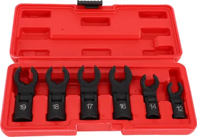 Produktbild von 6-teiliges Set Krähenfußschlüssel, 1/2" und 3/8" Antrieb, 6-Kant-Steckschlüssel, 180°-Winkelgelenk, Kraftstoffleitungsschlüssel-Set, 12 mm, 14 mm, 16 mm, 17 mm, 18 mm, 19 mm