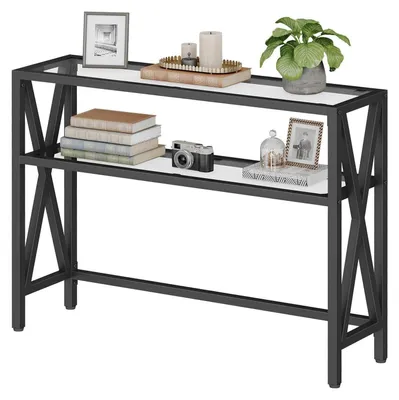 Obrázok produktu pre Konzolový stolík s 2 otvorenými odkladacími plochami, X-tvarovou konštrukciou, čiernej farby, rozmerov 100x25x80 cm