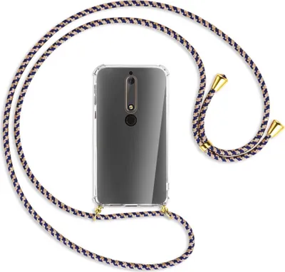 Produktbild von Handykette Backcover-Schutzhülle mit Band (Metall goldfarben) für Nokia 6.1 - blau+beige