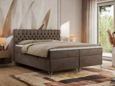 Produktbild von MKS MEBLE Boxspringbett 140x200, Bett 140x200 mit Matratze H4, Boxspringbett 140x200 mit Bettkasten und Topper, Polsterbett 140x200 Füße - GRIMALDI - 140x200 - Braun Velvet - H4