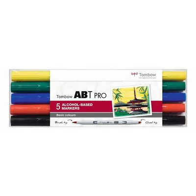 Zdjęcie produktu dla Tombow ABT Pro, 5 szt., Czarny, Niebieski, Zielony, Czerwony, Żółty, Dłuto/końcówka pędzla, Okrągły, Tusz na bazie alkoholu