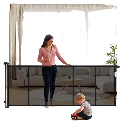 Image de Barrière bébé rétractable VEVOR Barrière pour chien extensible à 310 cm (l) / 795 mm (h), Barrière de sécurité pour escaliers avec serrure de sécurité, Barrière de sécurité en maille filet pour escaliers Couloirs intérieur/extérieur, Noir
