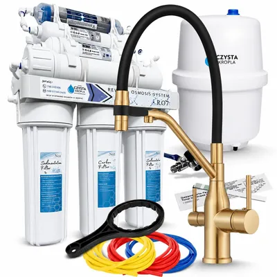 Produktbild von Wasserfilter Set RO7 mit 3-Wege Küchenarmatur Magneto, 7-stufige Umkehrosmose, Mineralisierung, gold