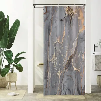 Produktbild von Duschvorhang in Marmoroptik, moderner abstrakter Duschvorhang in Grau-Gold mit Marmormuster, grau-goldenen Farbspritzern, wasserdicht, maschinenwaschbar, 90 x 180 cm