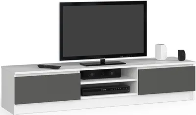 A modern white and gray TV stand with a flat-screen TV, soundbar, and media player.