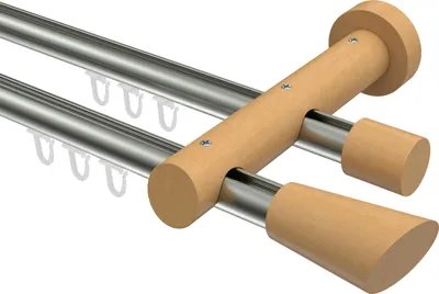 Produktbild von Interdeco Innenlaufstange / Gardinenstange mit Innenlauf Edelstahl-Optik / Buche lackiert, Typ Talent Bero (Konus Schräge), 20 mm Ø 2-läufig, 120 cm