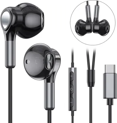 A product shot of USB-C in-ear headphones with a microphone, displayed against a white background.