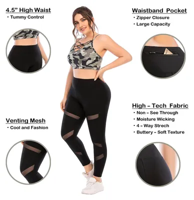 Produktbild von Leggings Plus Size, Schwarz, Mesh, mit Taschen, hoher Bund, 5XL, für Yoga