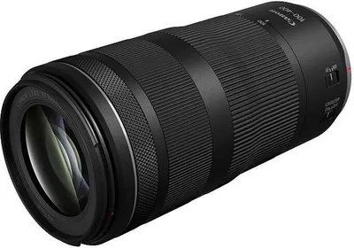 A black Canon RF 100-400mm F5.6-8 IS USM MILC telephoto lens is shown against a white background.