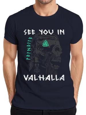 Productafbeelding van T-shirt met afbeelding van Valhalla, Viking schedel, runen, Mjolnir, Noors motief, Odin, herenmodel, marineblauw, maat XL