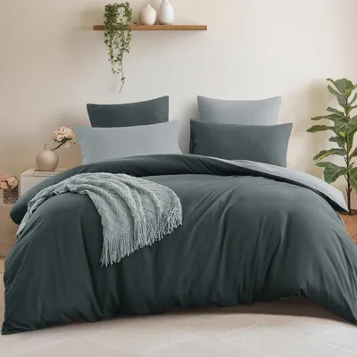 Immagine prodotto di TRANKIELO® - Set di biancheria da letto composto da 3 pezzi, dimensioni 200 x 220 cm - Copripiumino reversibile con chiusura a zip - Microfibra, colore antracite/grigio