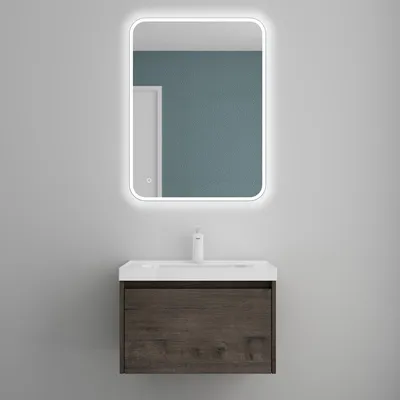 Produktbild von Mai & Mai Badmöbelset Badezimmermöbel Grau-braun Waschbeckenunterschrank 60 cm mit Waschschbecken aus Mineralguss und LED-Badspiegel Salerno