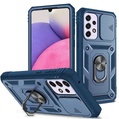 Obrázek produktu pro Pouzdro pro Samsung Galaxy A33 5G posuvná ochrana kamery, robustní nárazuvzdorné, s držákem prstenu, stojánkem a držákem na karty Modrý