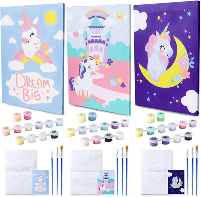 Produktbild von Malen nach Zahlen für Kinder: Einhorn, Set mit 3 Leinwänden. Einhorn-Geschenke für Mädchen
