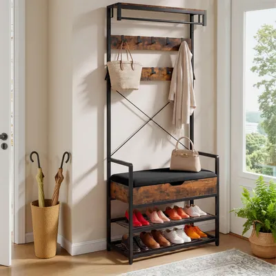 Produktbild von Garderobenständer mit Sitzbank und Schuhregal, 10 Haken, Kleiderständer, 2 Ablagen, Flurgarderobe, 80x30x180cm, Braun