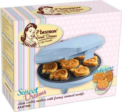 Immagine prodotto di Cialdiera Bestron per mini biscotti, mini biscottiera con motivi di animali, cialdiera per mini biscotti, con luce di cottura e rivestimento antiaderente, 700 watt, colore: baby blue