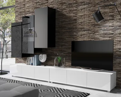 Produktbild von Wohnwand Amanda IX Oberschrank 300cm Wohnzimmer-Set Vitirne tv-Schränke viel Stauraum (Schwarz matt + Schwarz Hochglanz Fronten / Weiß matt + Weiß Hochglanz Fronten)