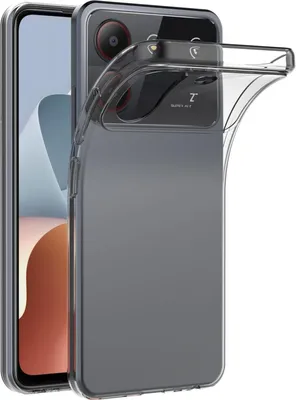 A transparent phone case is shown on a white background, partially covering a smartphone.