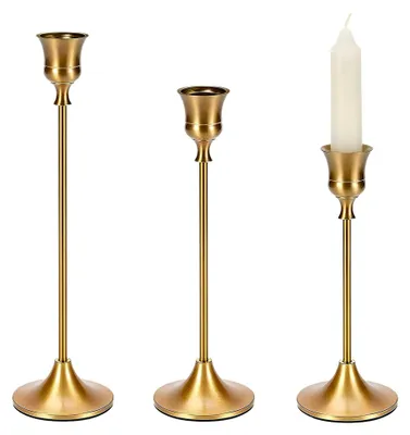 Produktbild von Kerzenständer Stabkerzenhalter 3er Set, Metall Kerzenhalter Stab, Vintage Dekorativer Kerzenhalter für Party Hochzeit Deko Wohnkultur, 23/20/17 cm (Gold)