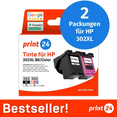 Image de NOUVEAU : print24 Cartouches d'encre pour HP 302XL, multipack (BK/C/M/Y), 2 pièces