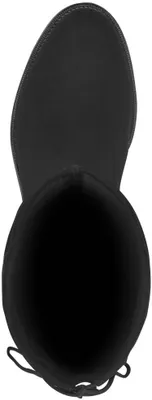 A top-down view of a black boot.
